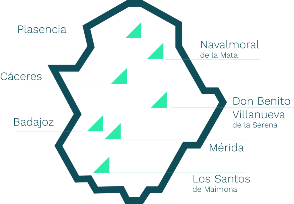Mapa estilizado de Extremadura con ciudades señaladas