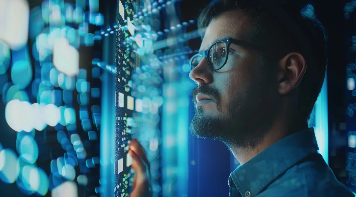Técnico revisando servidores en centro de datos
